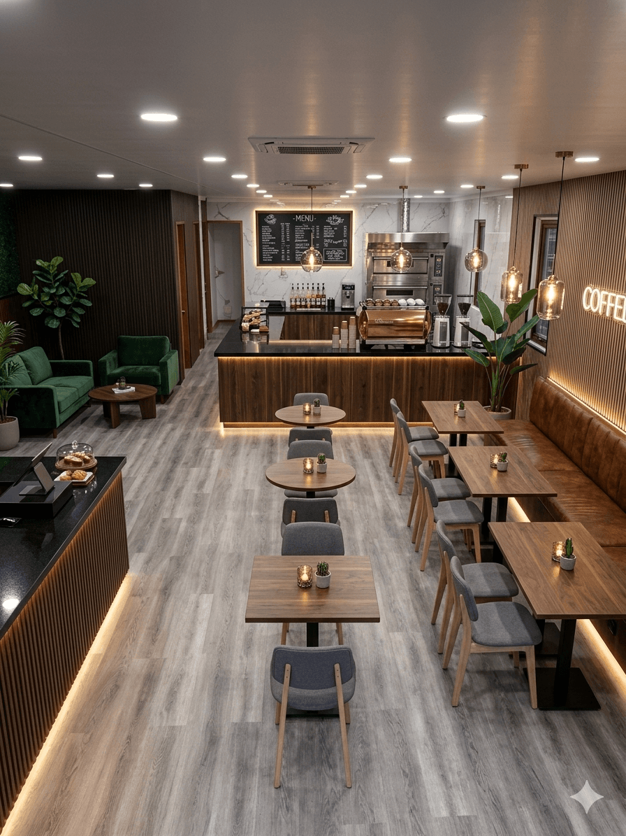 Proyecto de cafeteria con interiorismo calido, iluminacion puntual y mobiliario contemporaneo